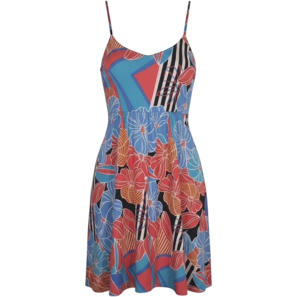 Tropical Floral Smocked Strappy Sundress Womens L 36"L Beach Vacation